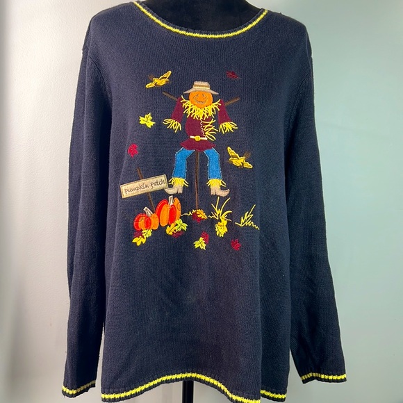 🍁 Double Sides Vintage Embroidered Felt Patch Scarecrow Pumpkin Patch Sweater - Picture 3 of 7